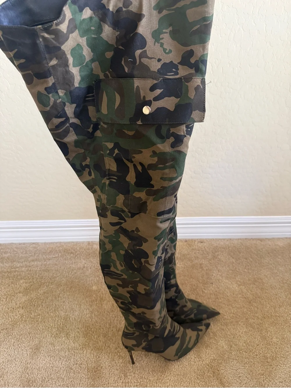 Women’s Camouflage Cargo Thigh High Heels- Green Camo